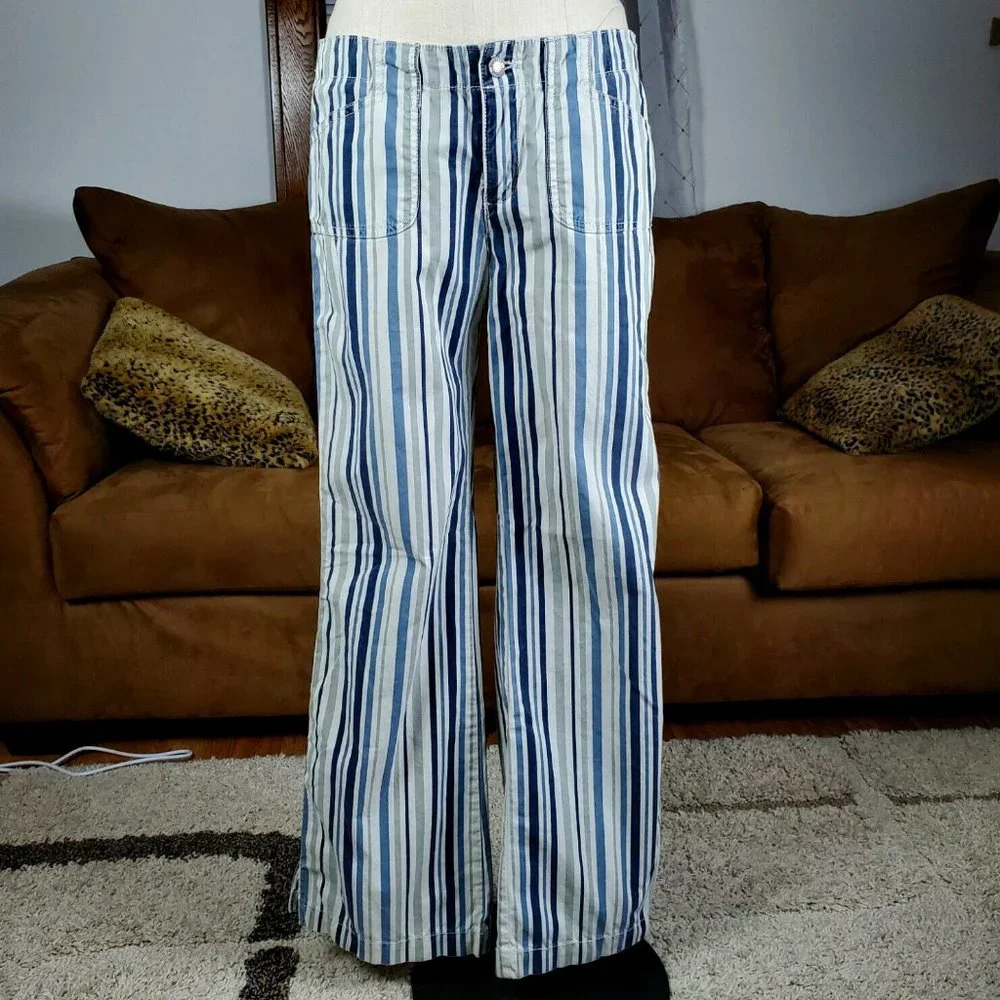 Express Precision Fit Retro Blue White Striped Wide Leg Cotton Pants Size 9/10 - Picture 1 of 8